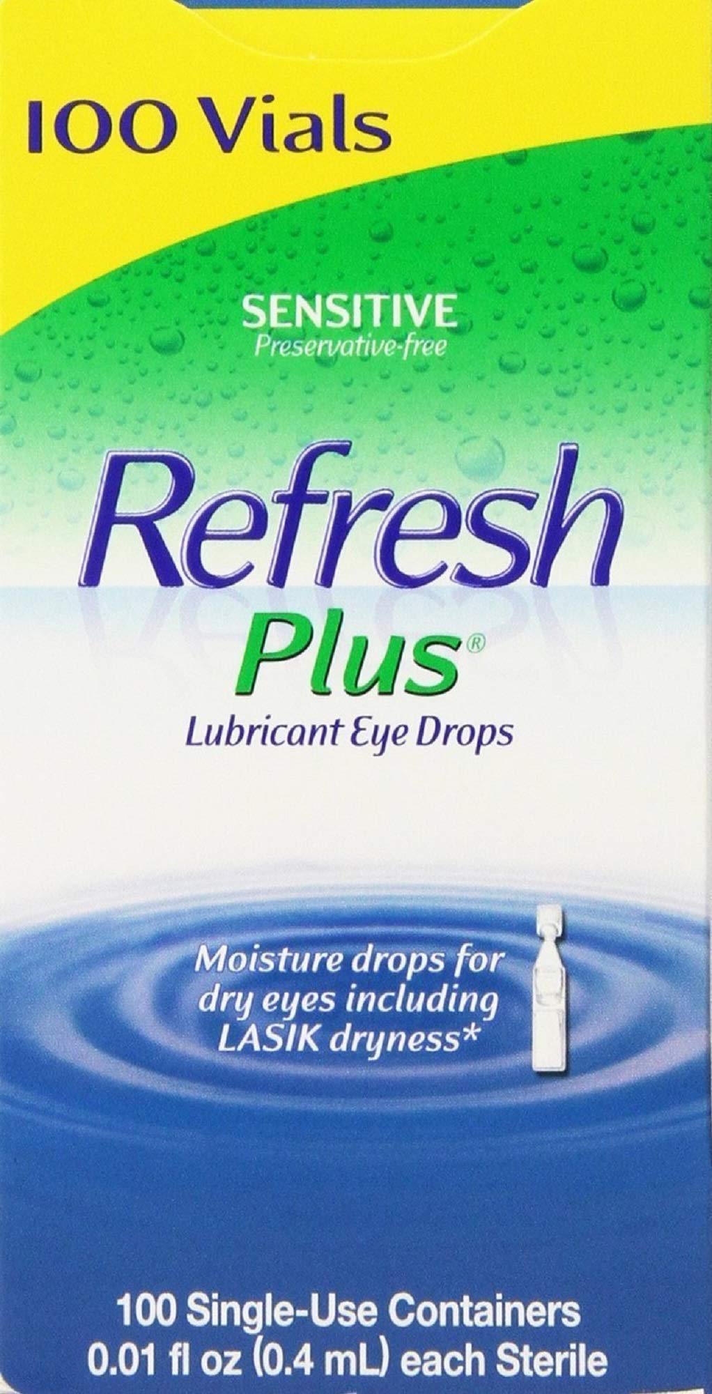Refresh Plus eye drops 100-count pack shown in packaging for hygienic use and convenience.