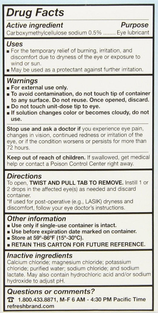 Refresh Plus eye drops vial close-up highlights single-use convenience for fresh lubrication.