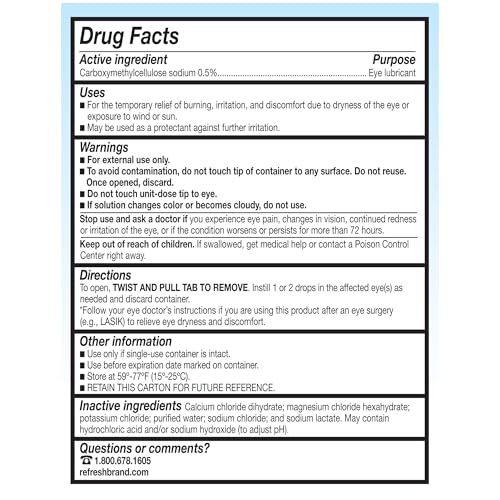 Refresh Plus preservative-free label highlights instruction and no preservatives.