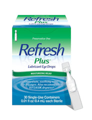 Refresh Plus preservative-free eye drops packaging with single-use vials for sensitive eyes.