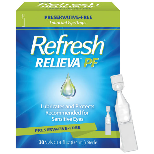 Refresh Relieva PF bottle closeup showing preservative-free comfort for dry eyes.