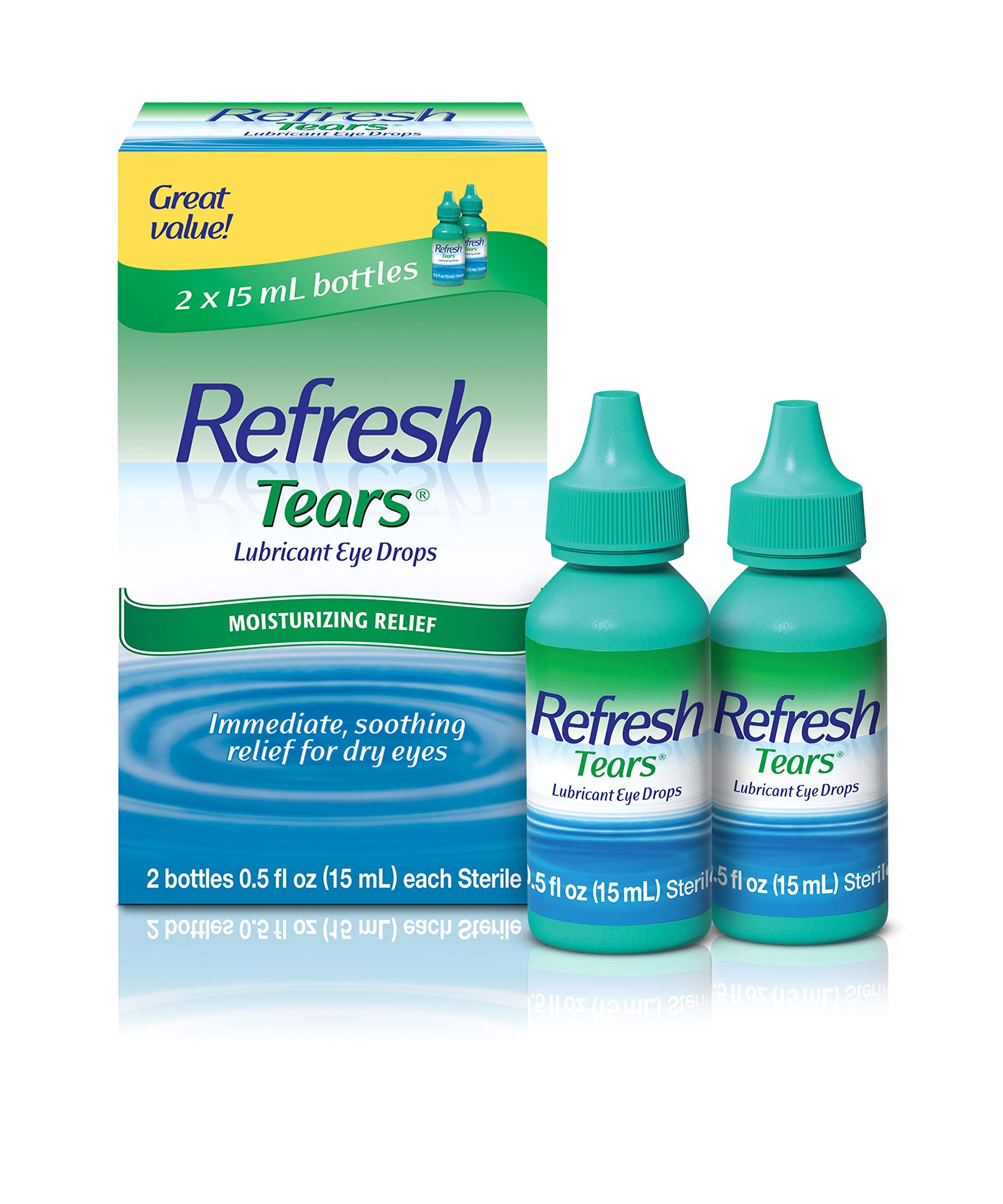Refresh Tears bottle closeup highlighting quick relief for dry eyes