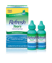 Refresh Tears bottle closeup highlighting quick relief for dry eyes