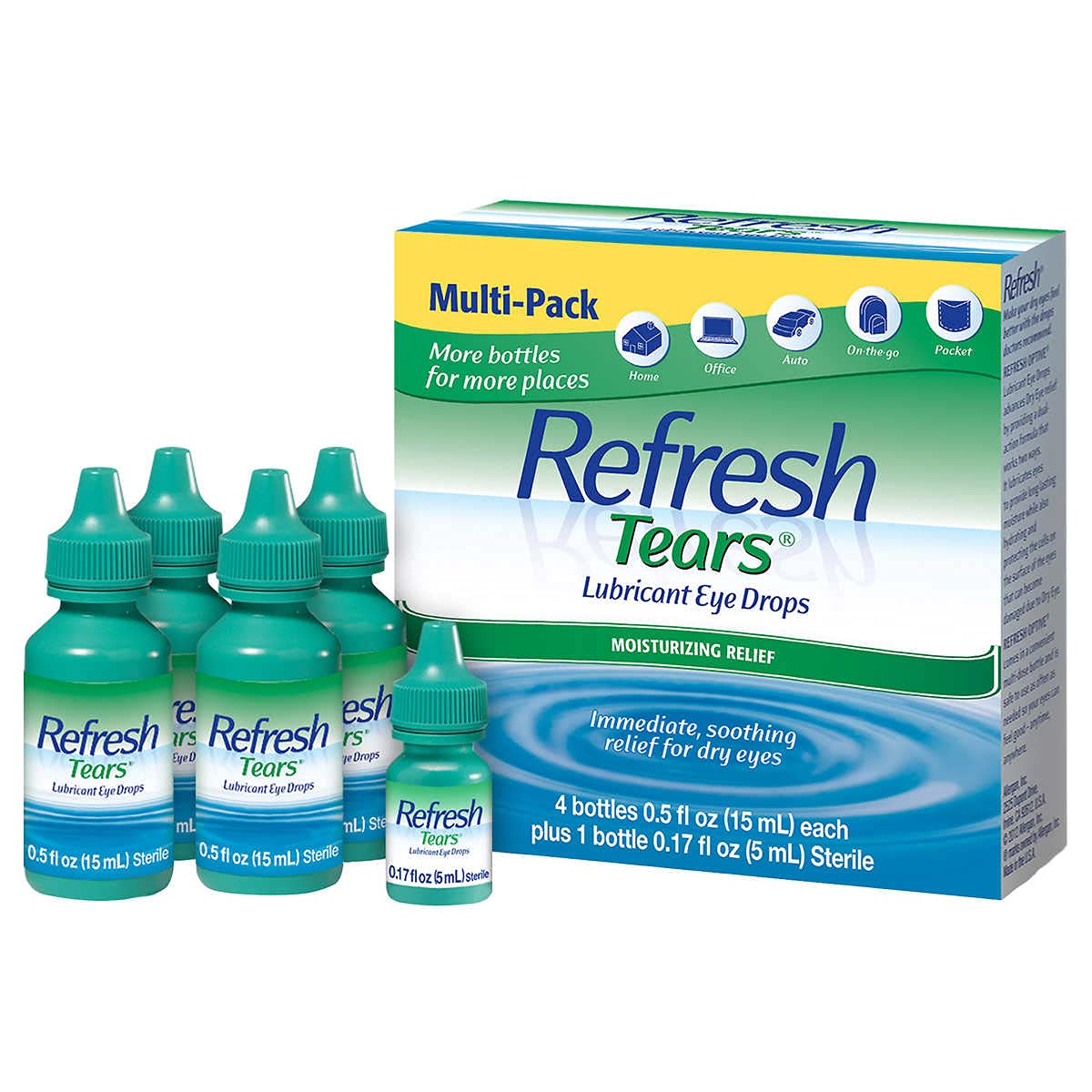 Refresh Tears bottle pour shows easy application for lasting eye lubrication.