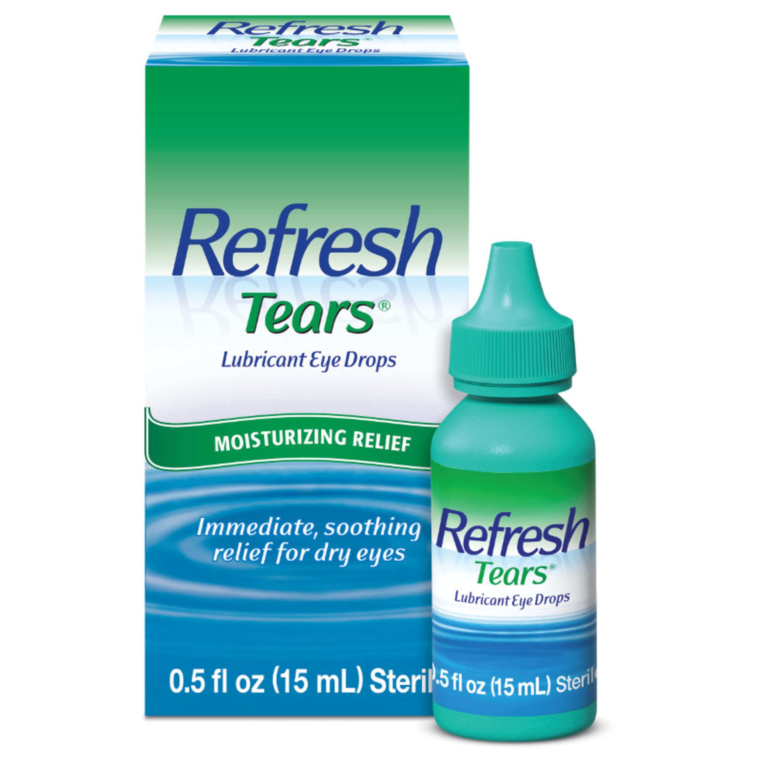 Refresh Tears eye drops bottle close-up shows fast-acting relief for dry eyes.