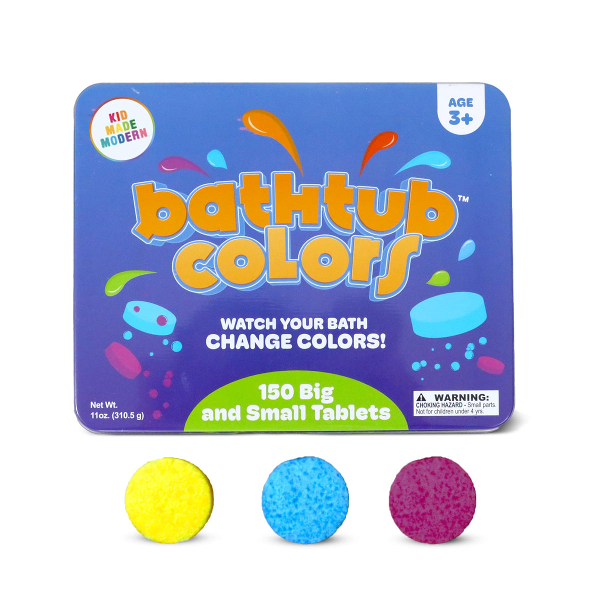 Regal Games Kid Made Modern bath color tablets packaging shows the 150-count set for colorful baths.
