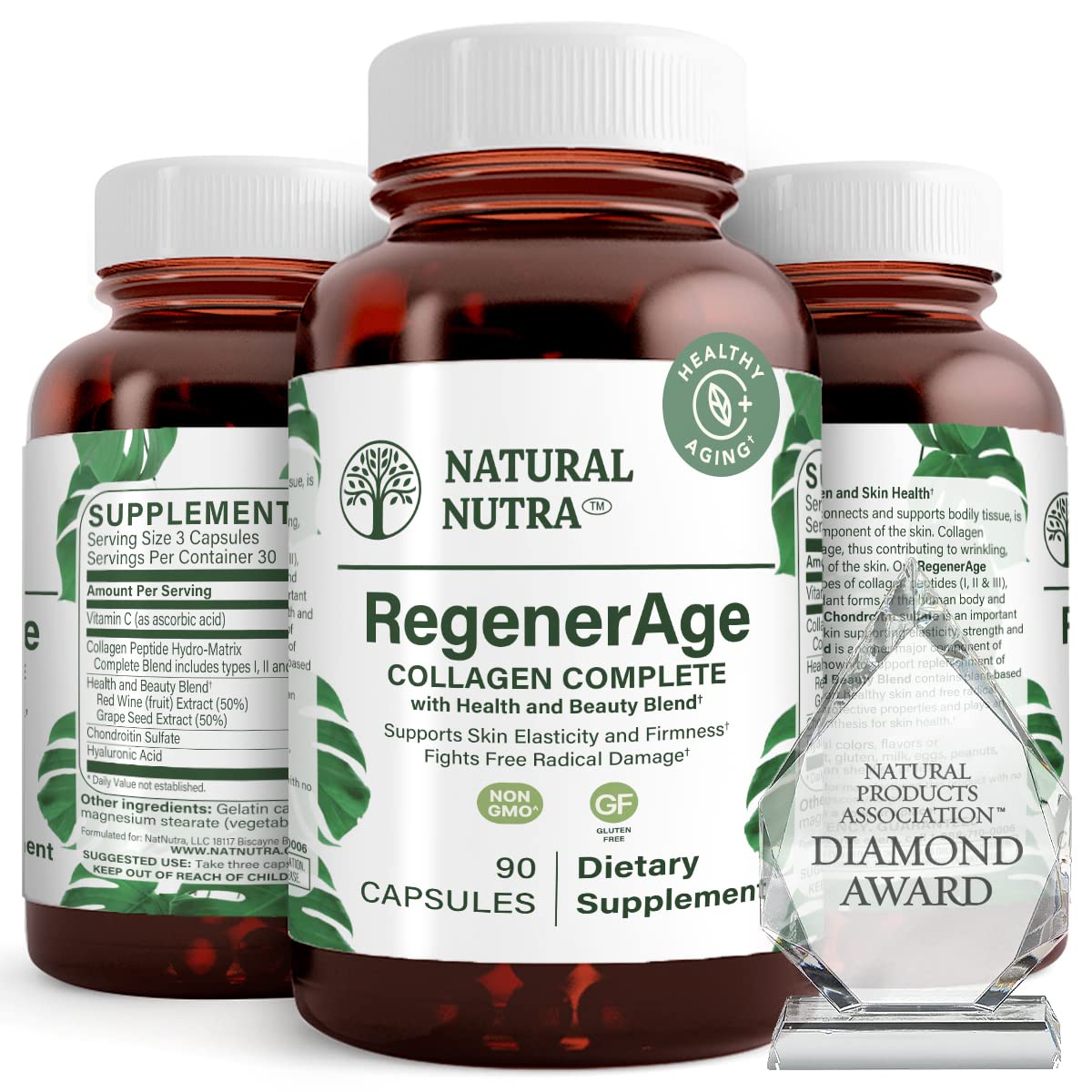 Front view of Natural Nutra RegenerAge bottle with 90 capsules