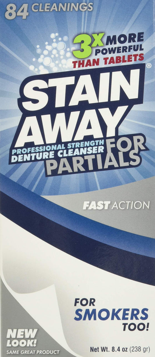 Front view of Regent Labs Stain Away packaging for partial dentures
