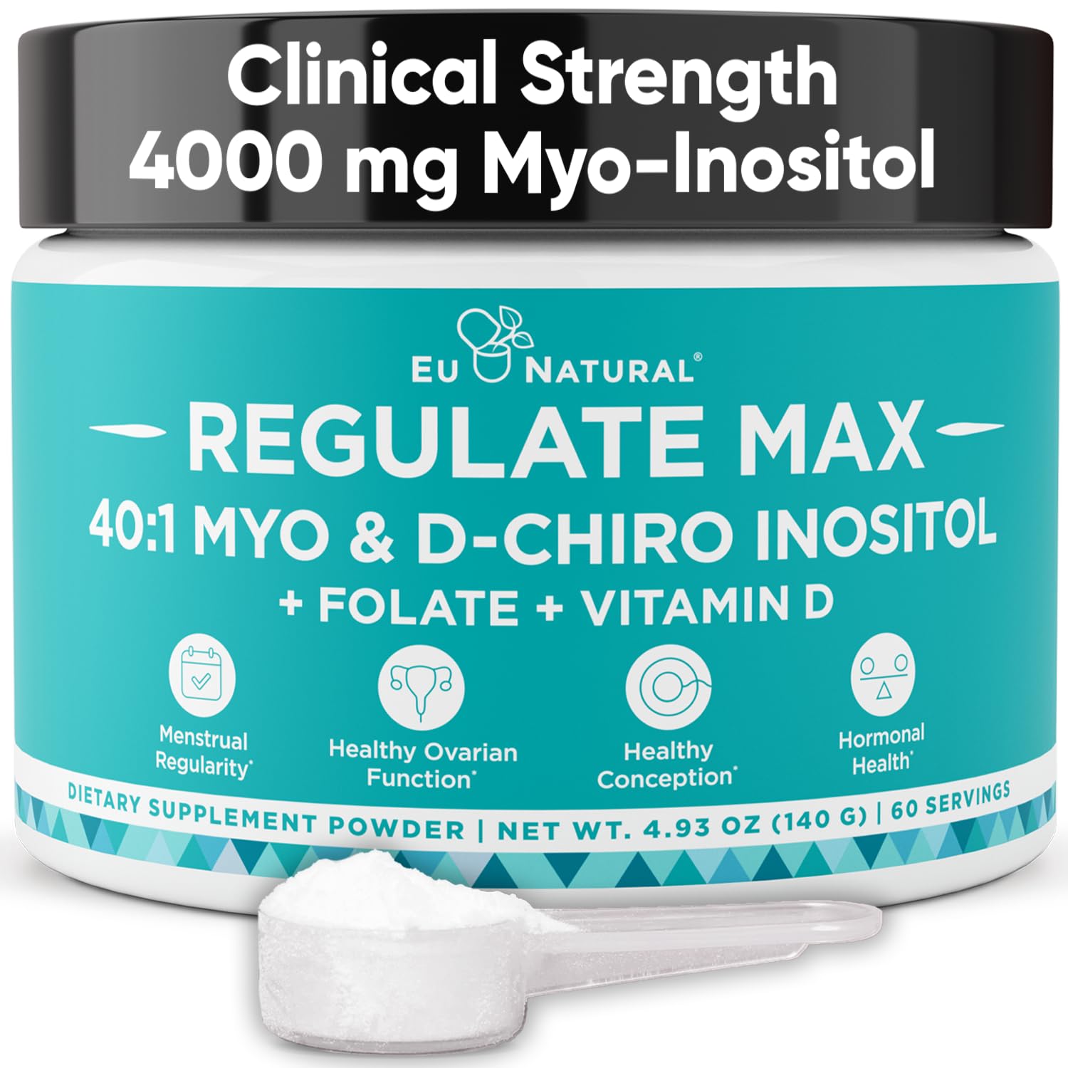 Front view of Regulate MAX Myo-Inositol & D-Chiro Inositol powder bottle, 60 servings