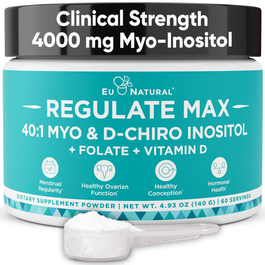 Front view of Regulate MAX Myo-Inositol & D-Chiro Inositol powder bottle, 60 servings