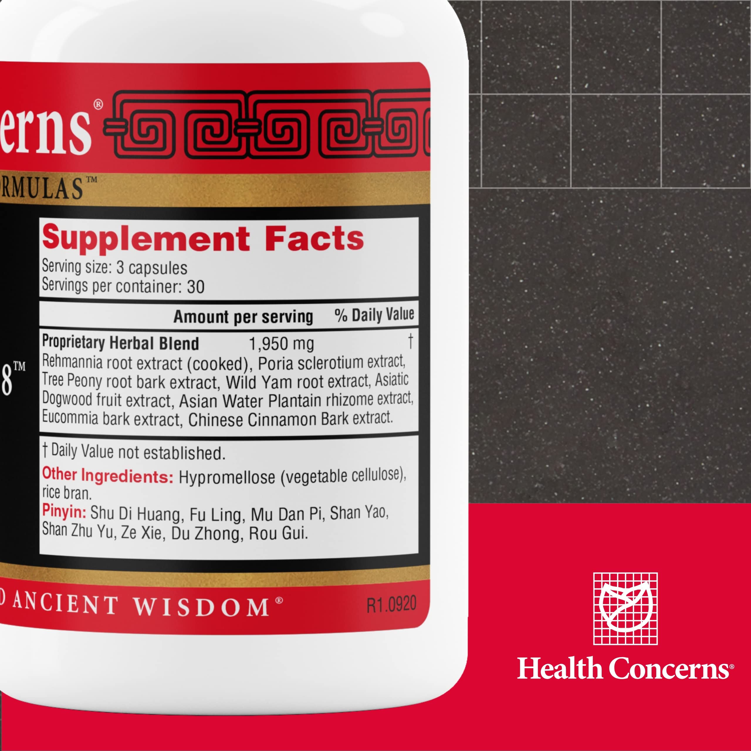 Back label of Health Concerns Rehmannia 8 bottle