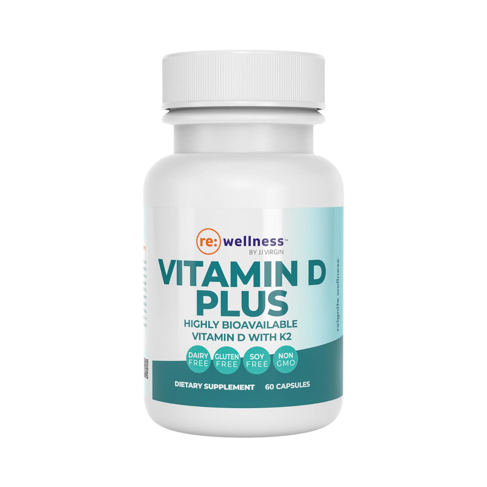 Bottle of Reignite Wellness Vitamin D Plus with 60 softgels and JJ Virgin branding