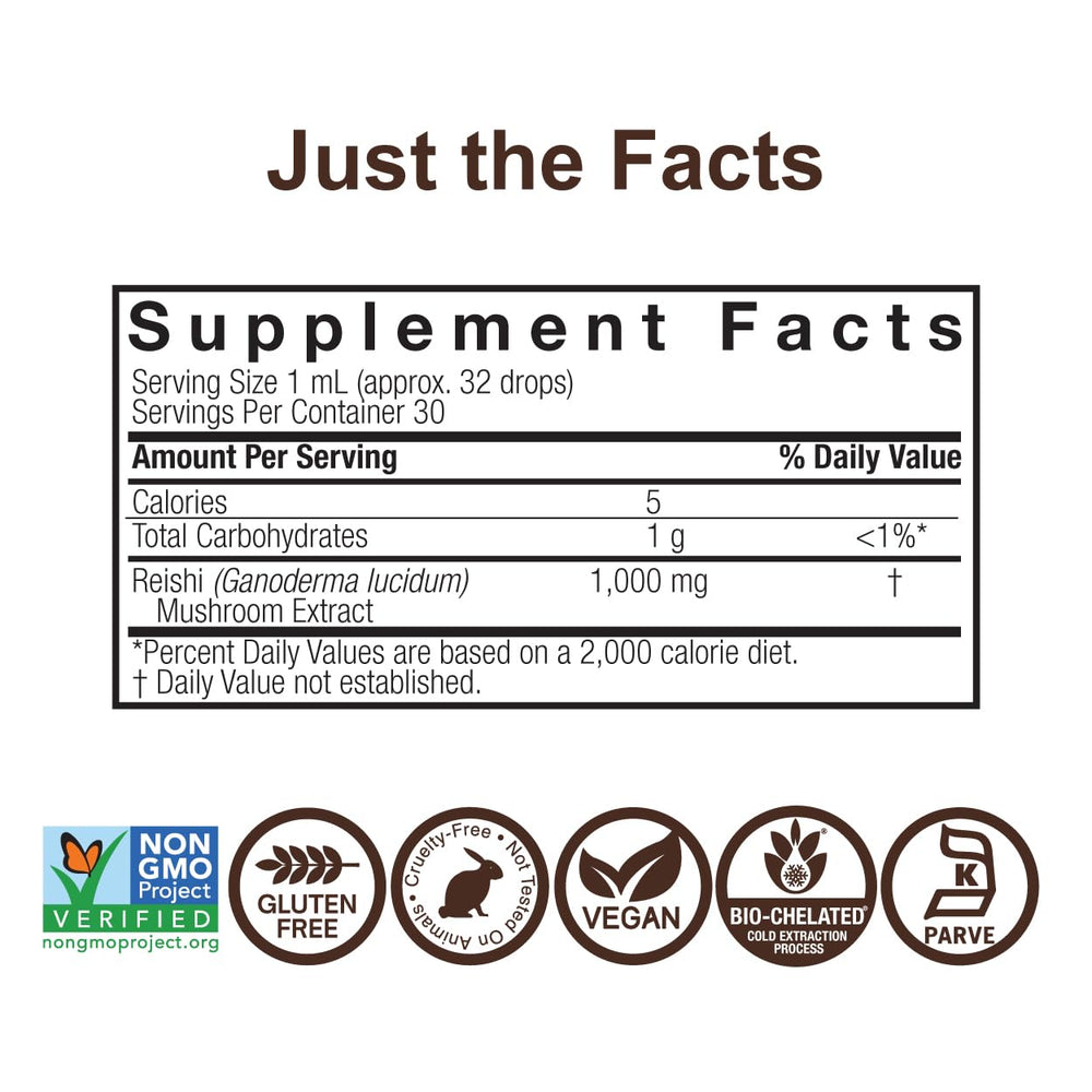 Reishi mushroom extract bottle showing Non-GMO Project Verified seal