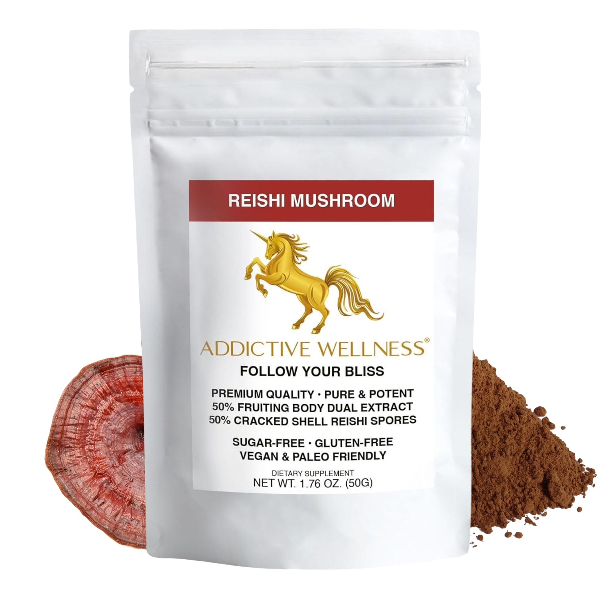 Reishi mushroom extract powder + spores, 50/50 blend, wood-grown Ganoderma, 50g