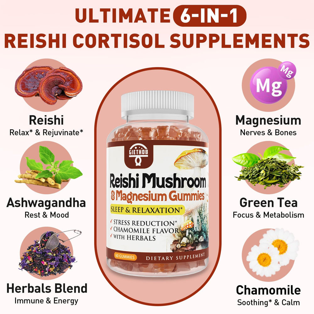 Ingredients collage: Reishi extract, ashwagandha, green tea, chamomile