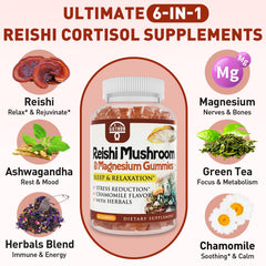 Ingredients collage: Reishi extract, ashwagandha, green tea, chamomile