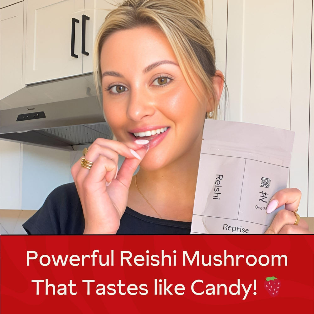 Glass bottle with Reishi Gummies and branding