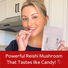 Glass bottle with Reishi Gummies and branding