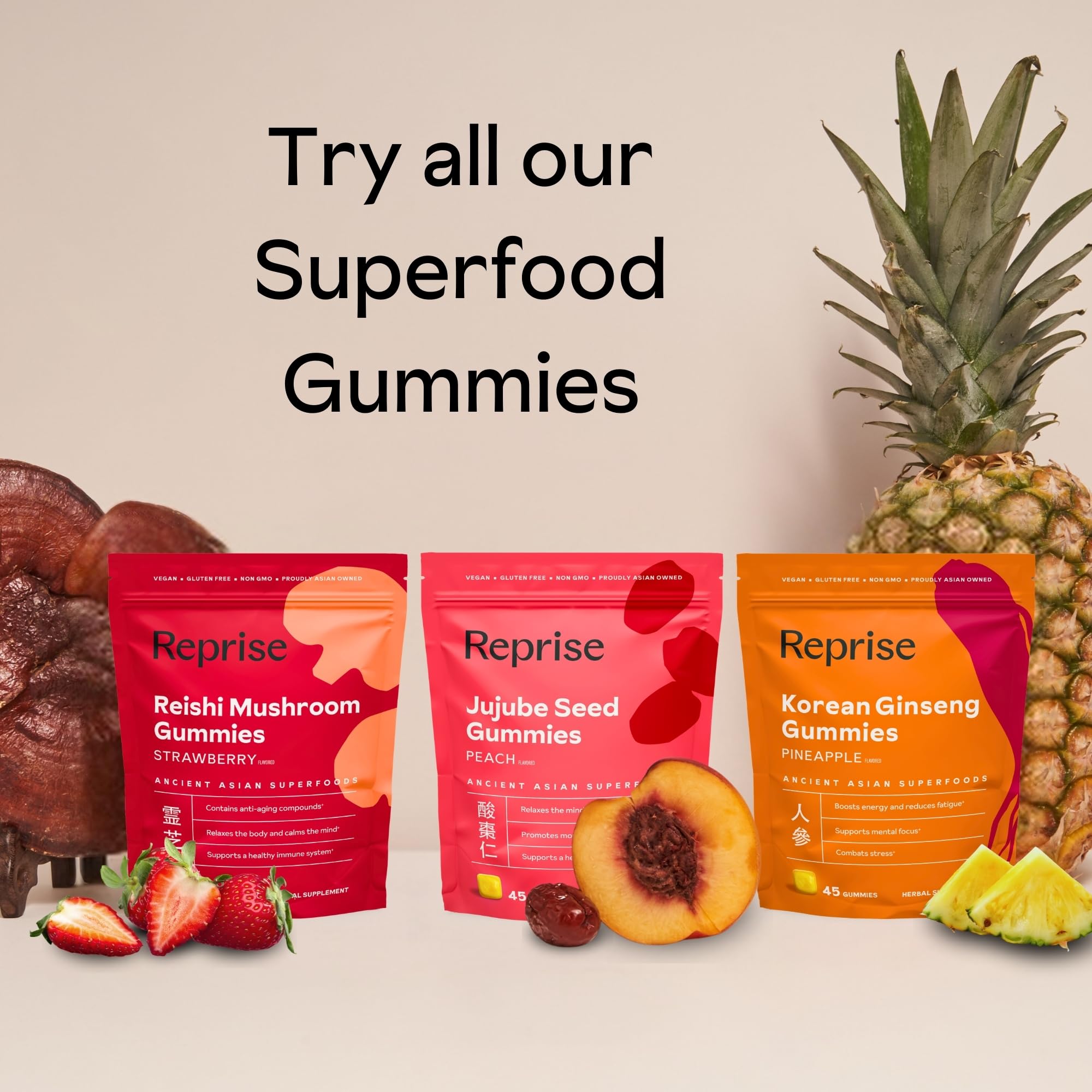 Product packaging layout for Reprise Reishi Gummies