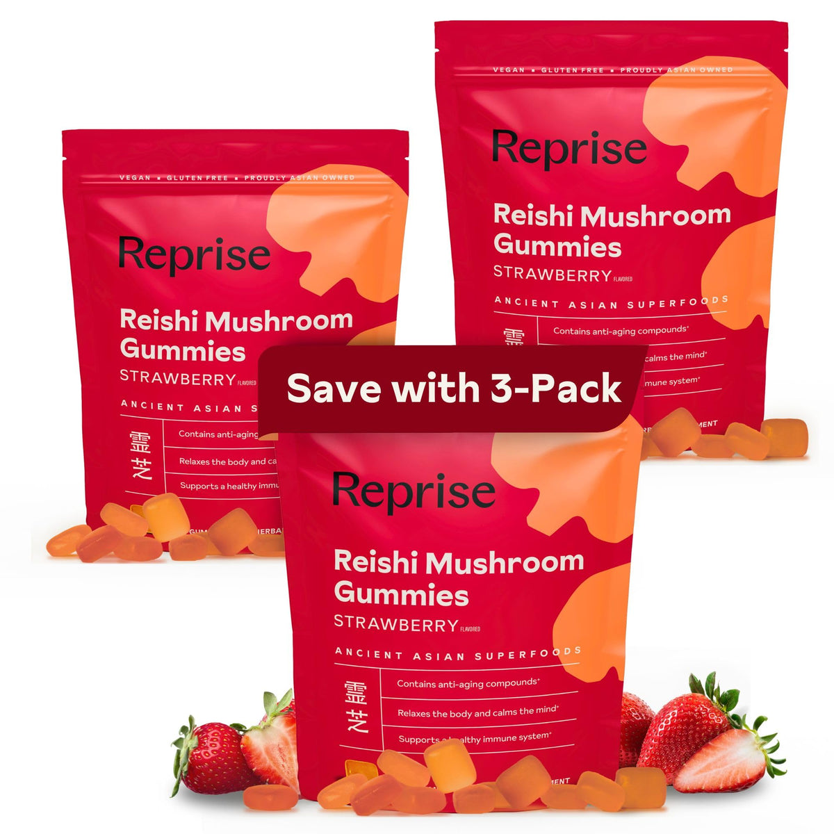 Front view of Reishi Mushroom Gummies package in strawberry flavor (Pack of 3)