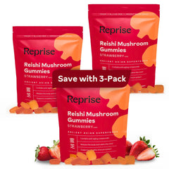 Front view of Reishi Mushroom Gummies package in strawberry flavor (Pack of 3)