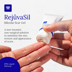 RejuvaSil scar gel bottle with swatches demonstrates safe, non-comedogenic formula for sensitive skin