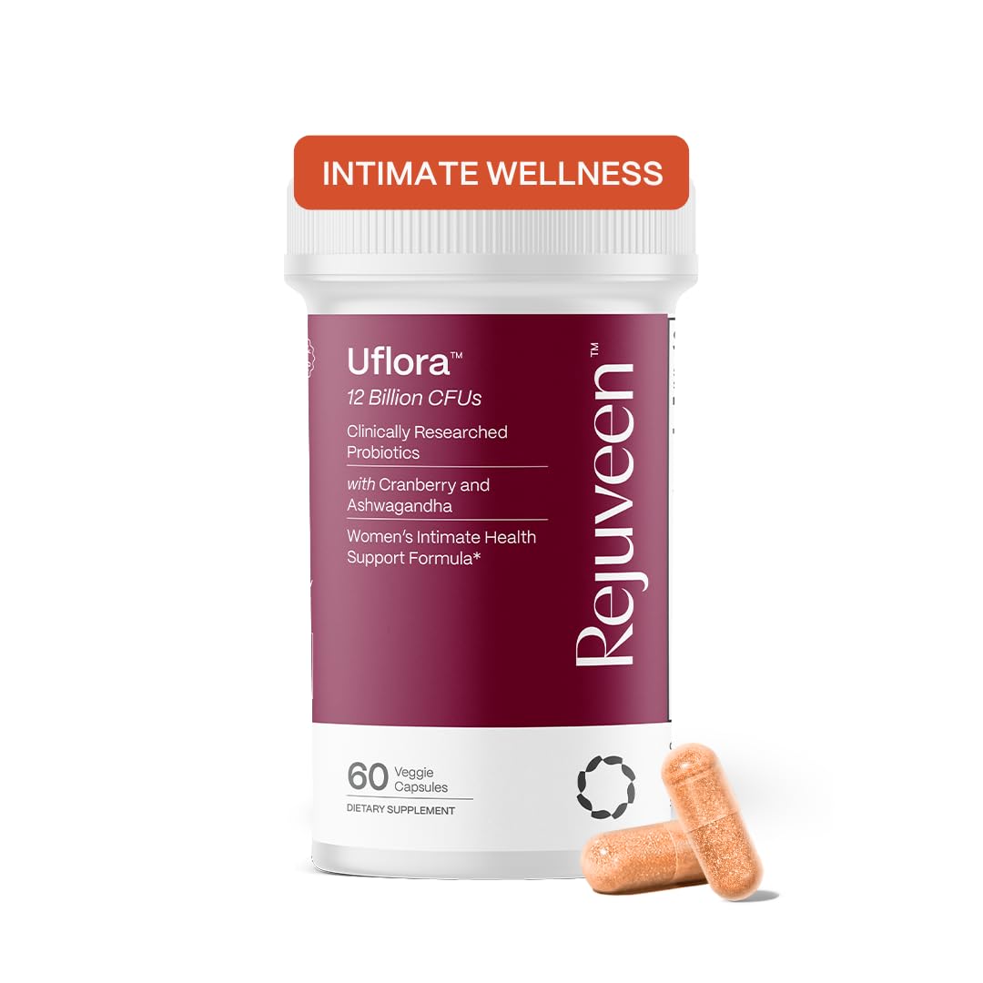 Rejuveen Uflora bottle view for daily vaginal wellness support.