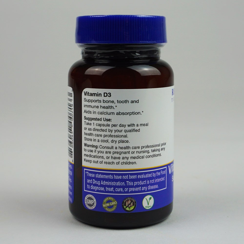 Label showing Vitamin D3 cholecalciferol and 60 vegan capsules