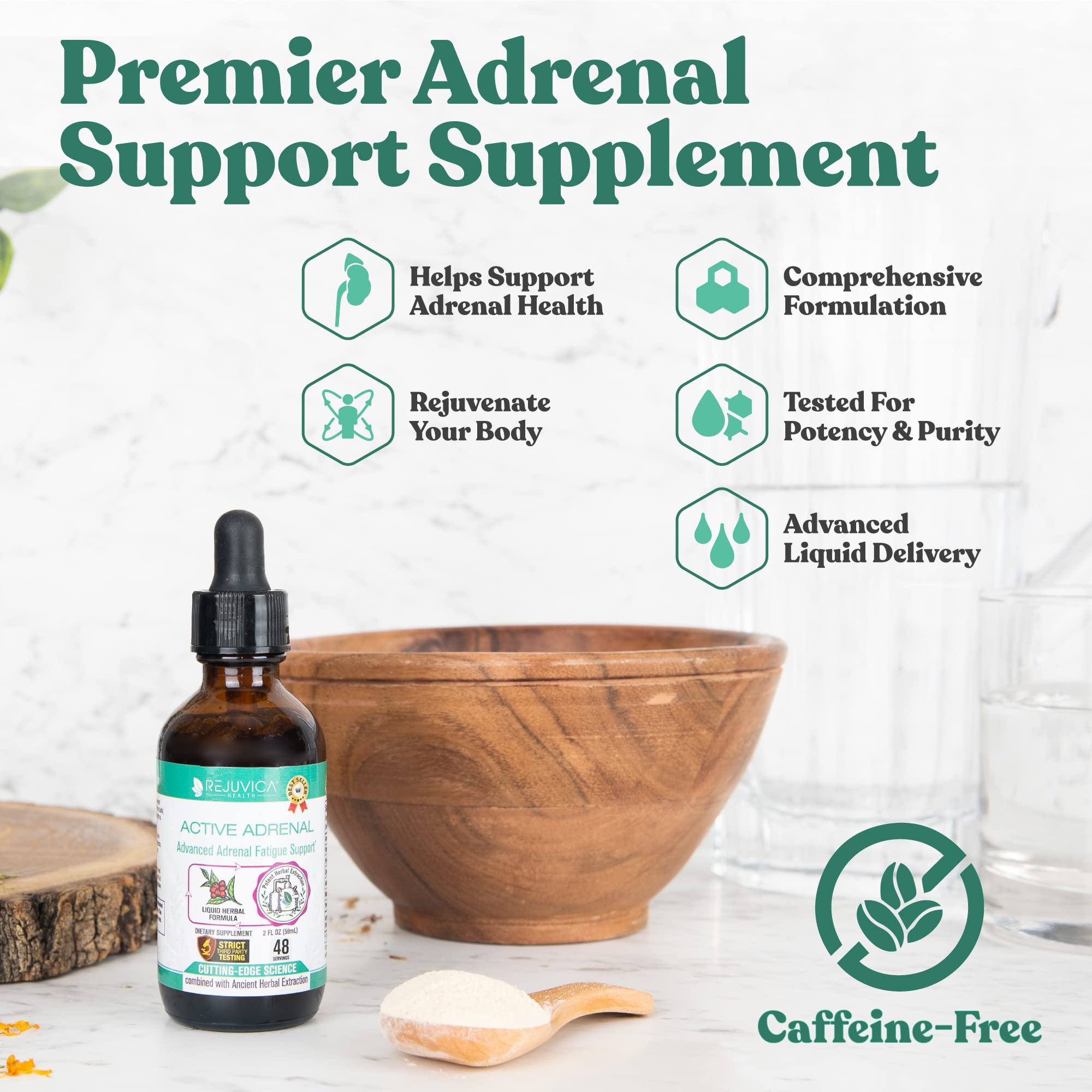 Rejuvica Health Active Adrenal ingredients closeup features ashwagandha holy basil and rhodiola