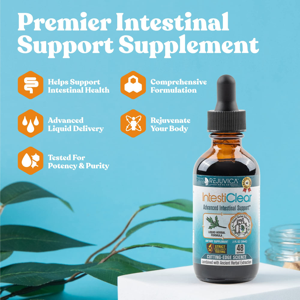 Rejuvica Health IntestiClear bottle with black walnut emphasizing digestive support