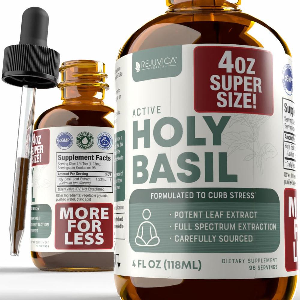Rejuvica Health Active Holy Basil 4oz XL bottle with dropper for stress support