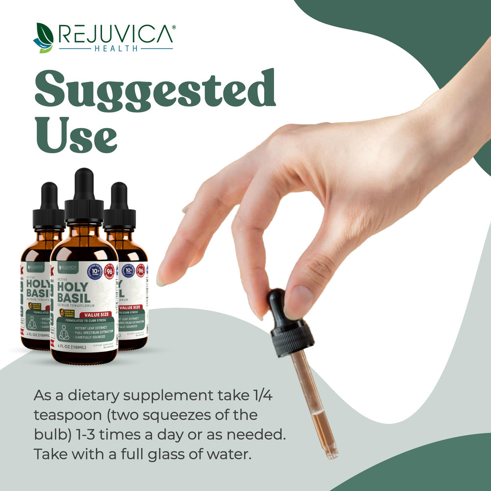 Close-up of Holy Basil liquid extract dropper drop for stress relief