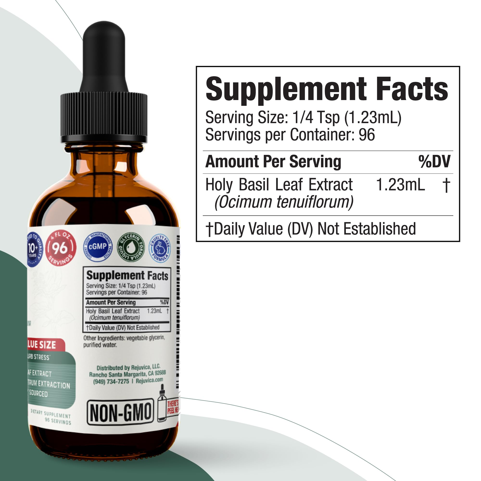 Vegan, Non-GMO, alcohol-free Holy Basil extract proudly labeled