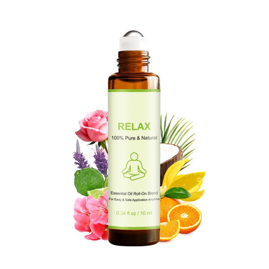 Relax Essential Oils Roll-On with Organic Lavender, Geranium, Ylang Ylang, Sweet Orange, Bergamot, Rose, and Coconut Oil for Aromatherapy and Relaxation