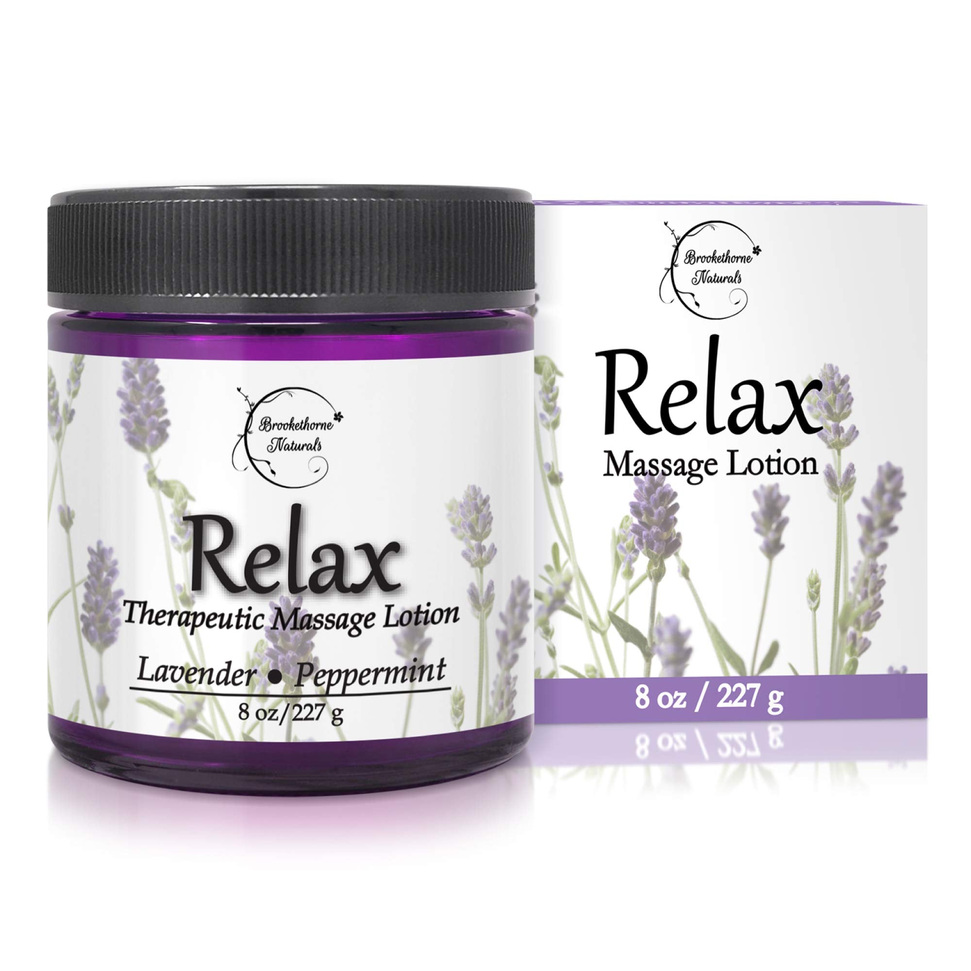 Relax Therapeutic Massage Lotion 8oz bottle featuring lavender and peppermint oils