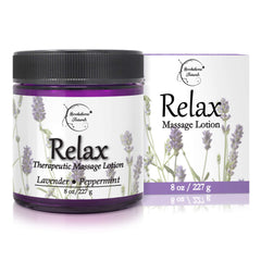 Relax Therapeutic Massage Lotion 8oz bottle featuring lavender and peppermint oils