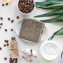 Relaxcation coffee scrub soap bar latte aroma oil delivers cafe-like scent.