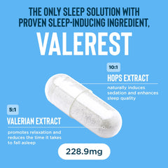 Ingredients panel featuring melatonin, magnesium glycinate, Valerest, Ashwagandha