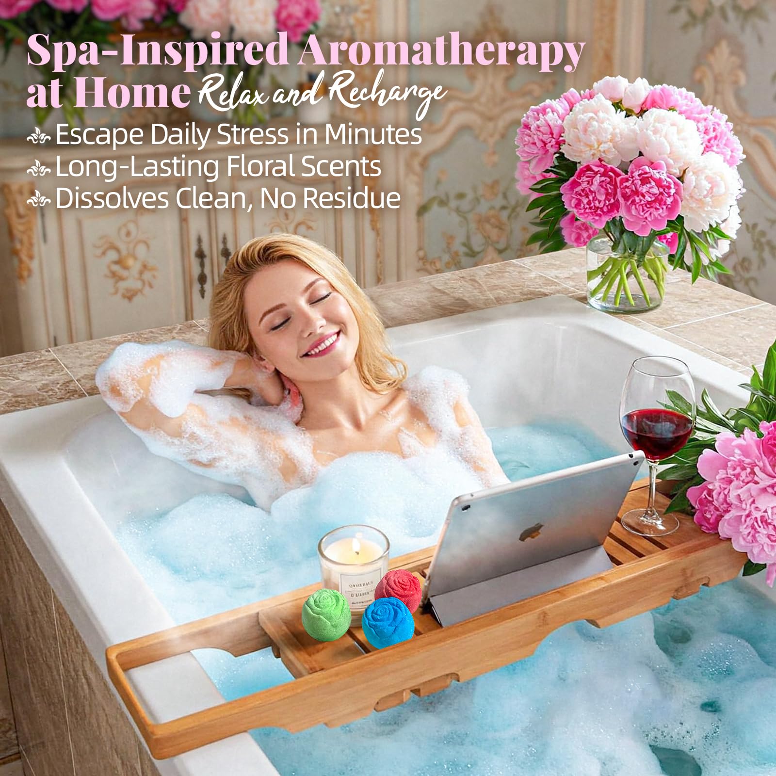 RelaxRose magnolia scent bath bomb for floral indulgence and mood lift.
