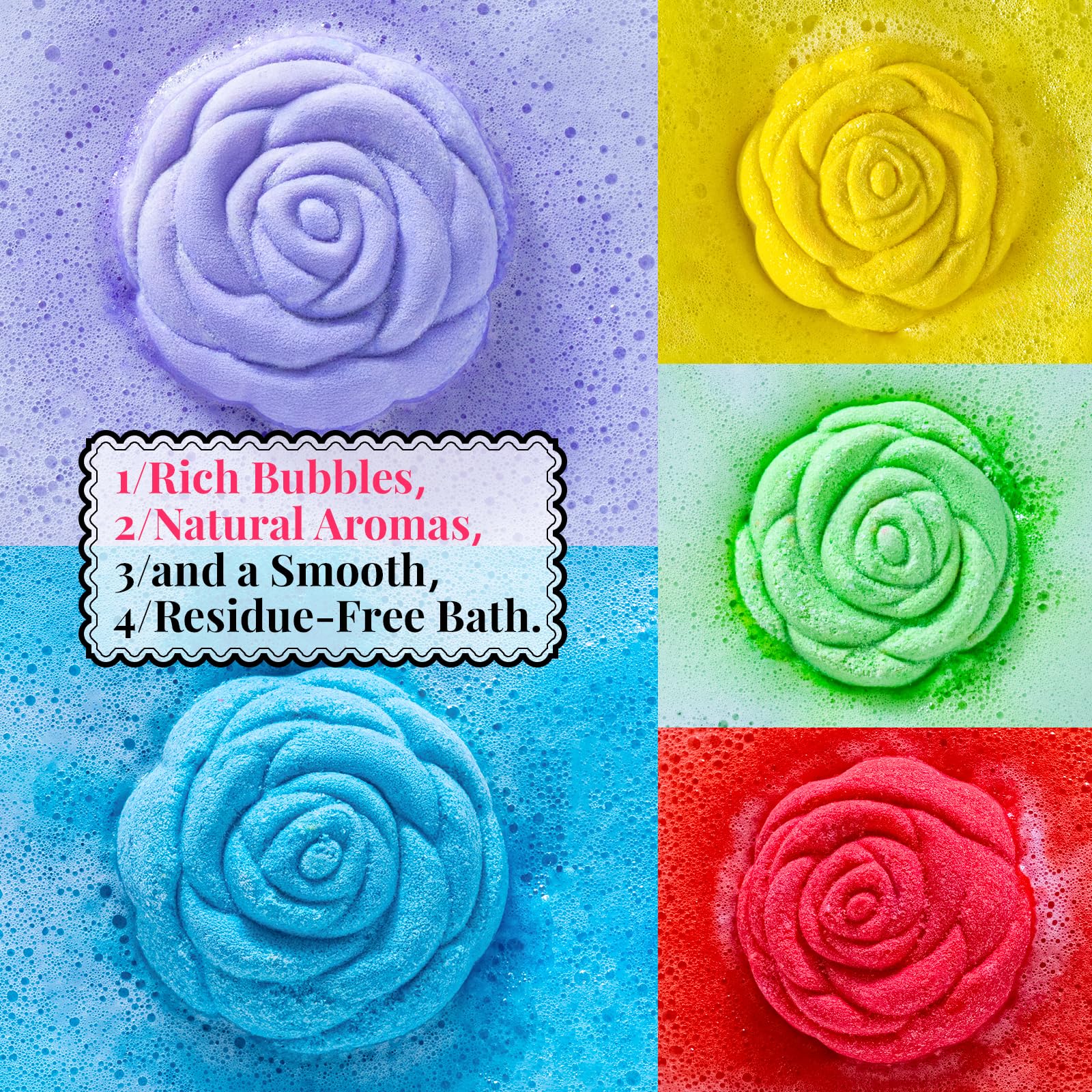 RelaxRose vanilla scent bath bomb for comforting, calming bath experience.