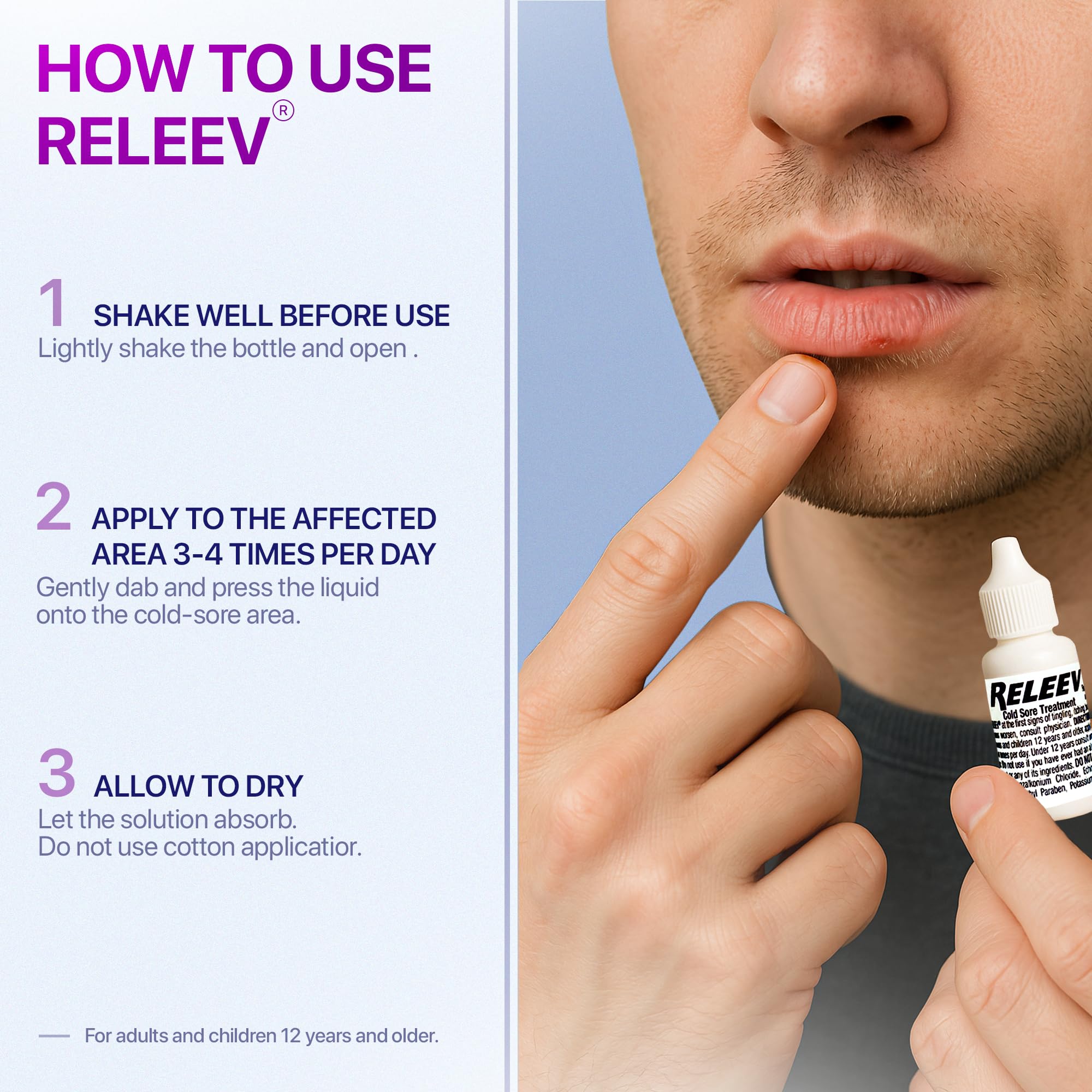 Releev use-on-lip-area application scene illustrates discreet daily use.