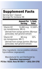 Label for Relentless Improvement Vitamin K2 MK4 and MK7