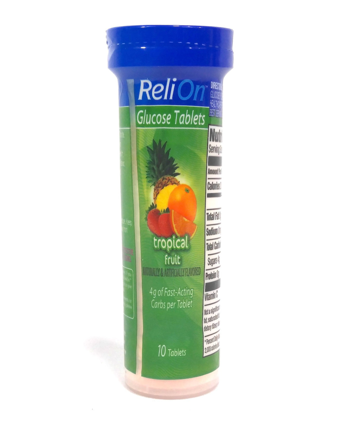 ReliOn Tropical Fruit Glucose Tablets in an on-the-go tube