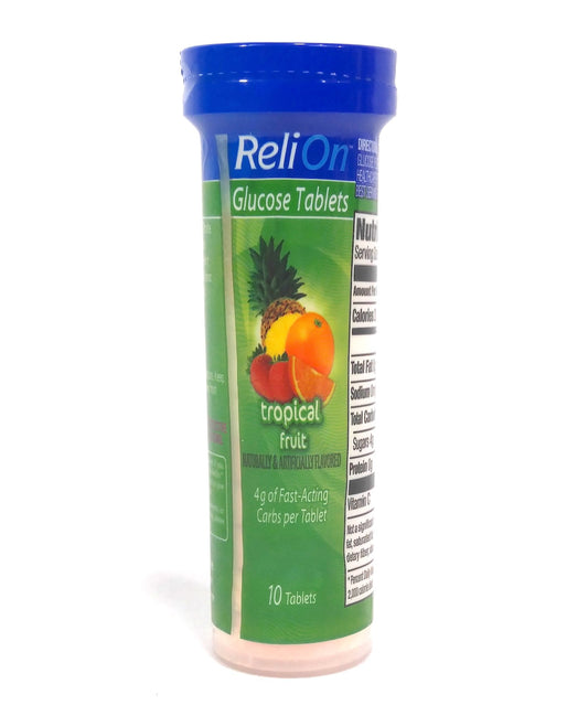 ReliOn Tropical Fruit Glucose Tablets in an on-the-go tube