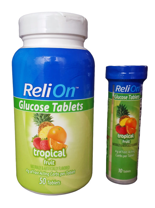 ReliOn Glucose Tablets Tropical Fruit flavor in On-The-Go Tube, 50-count