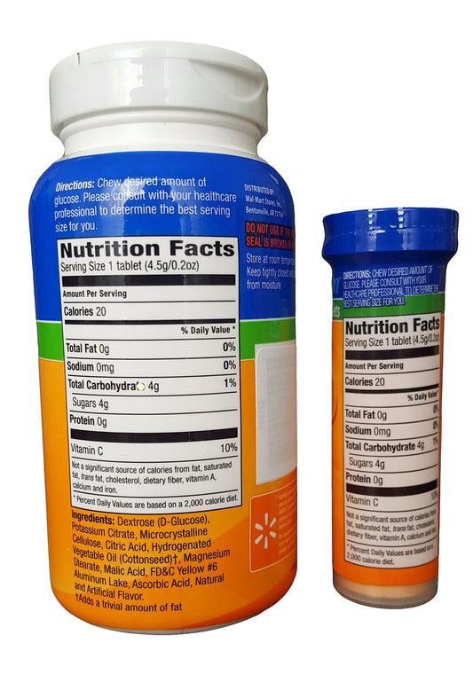 Close-up of ReliOn Glucose 50 tablets with portable tubes (Orange)