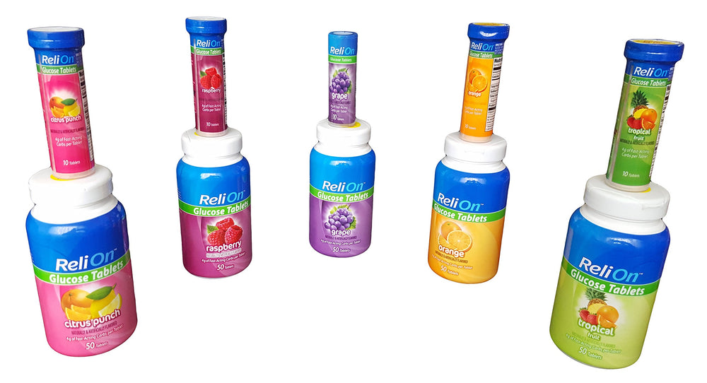 Orange-flavored ReliOn Glucose packaging with On-The-Go tubes