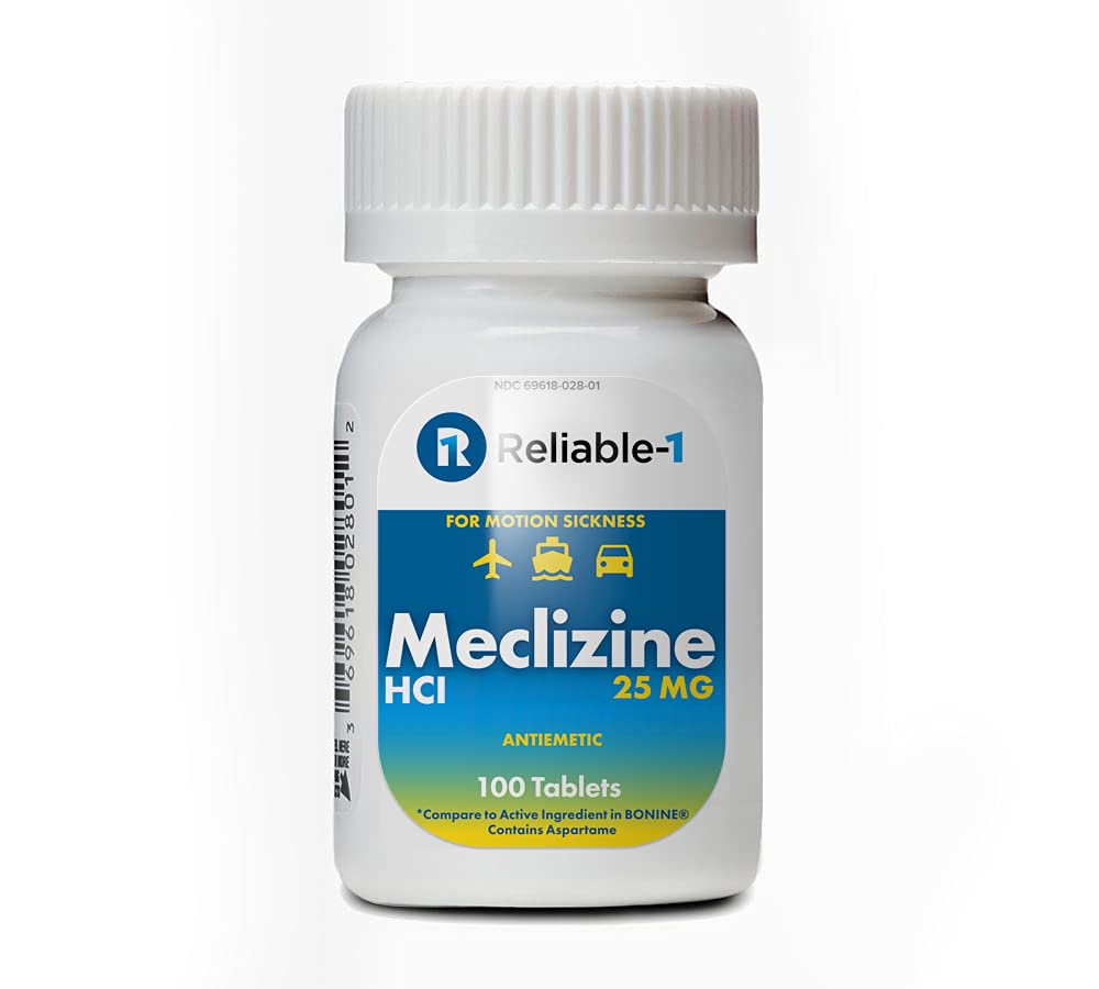 Reliable-1 Laboratories Meclizine 25 mg chewable tablets bottle for motion sickness relief on the go.