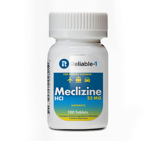 Reliable-1 Laboratories Meclizine 25 mg chewable tablets bottle for motion sickness relief on the go.