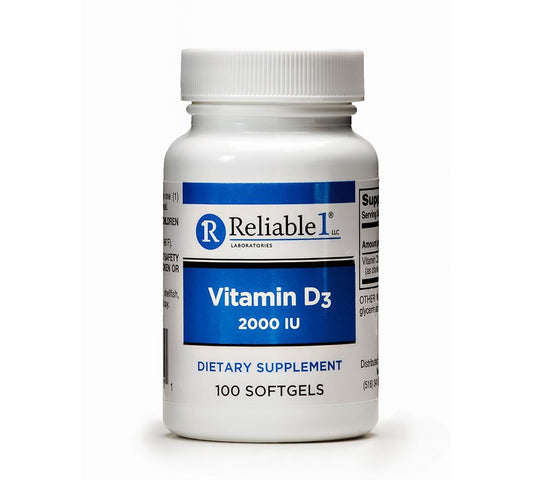 Reliable 1 Laboratories Vitamin D3 2000 IU Softgels bottle – 100 count
